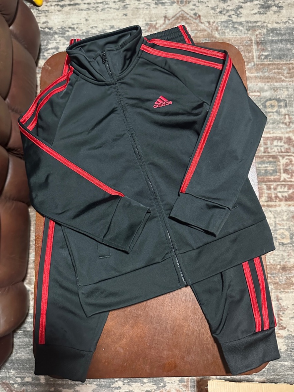 adidas Black Track Jacket & Joggers with Red Stripes